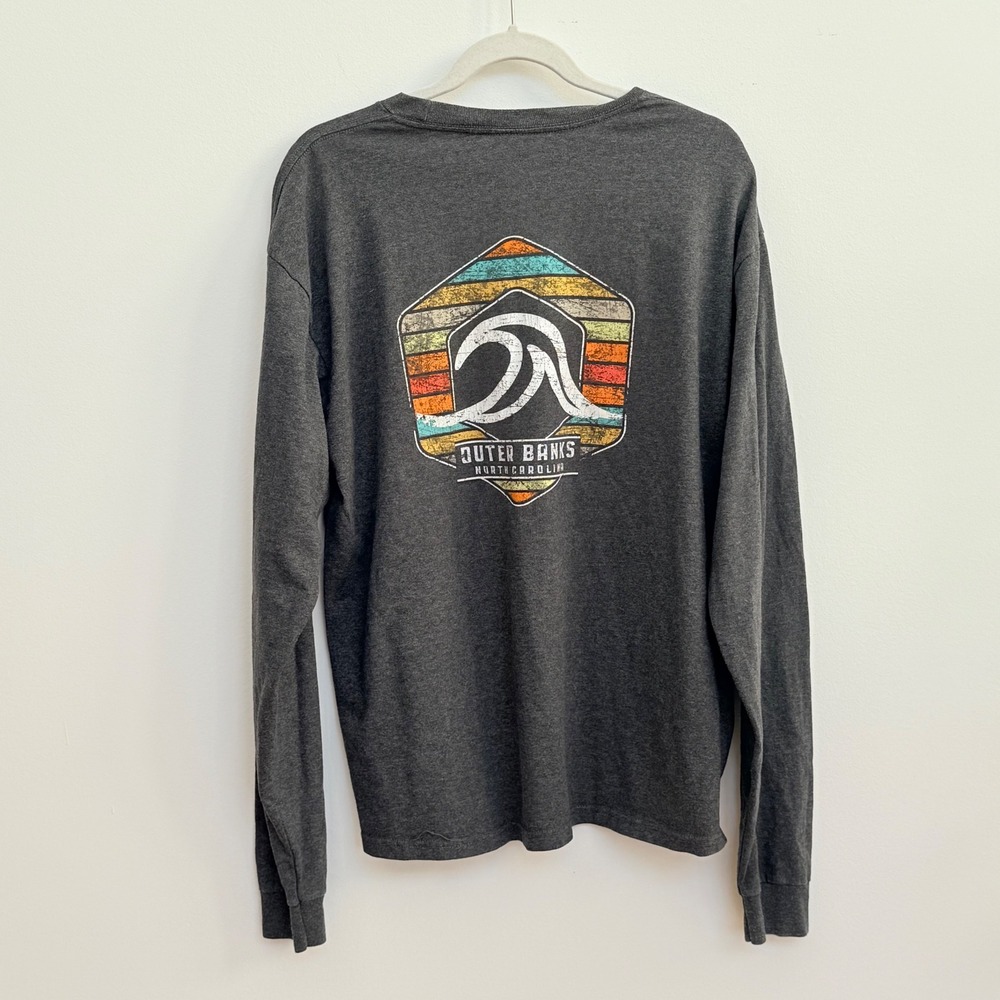 Outer Banks North Carolina Graphic Long Sleeve Tee Gray Wave Logo Shirt - Picture 4 of 8